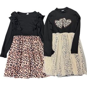 Shein Cheetah Leopard Print and Heart Design Tulle Ruffle Long Sleeve Dresses 8Y